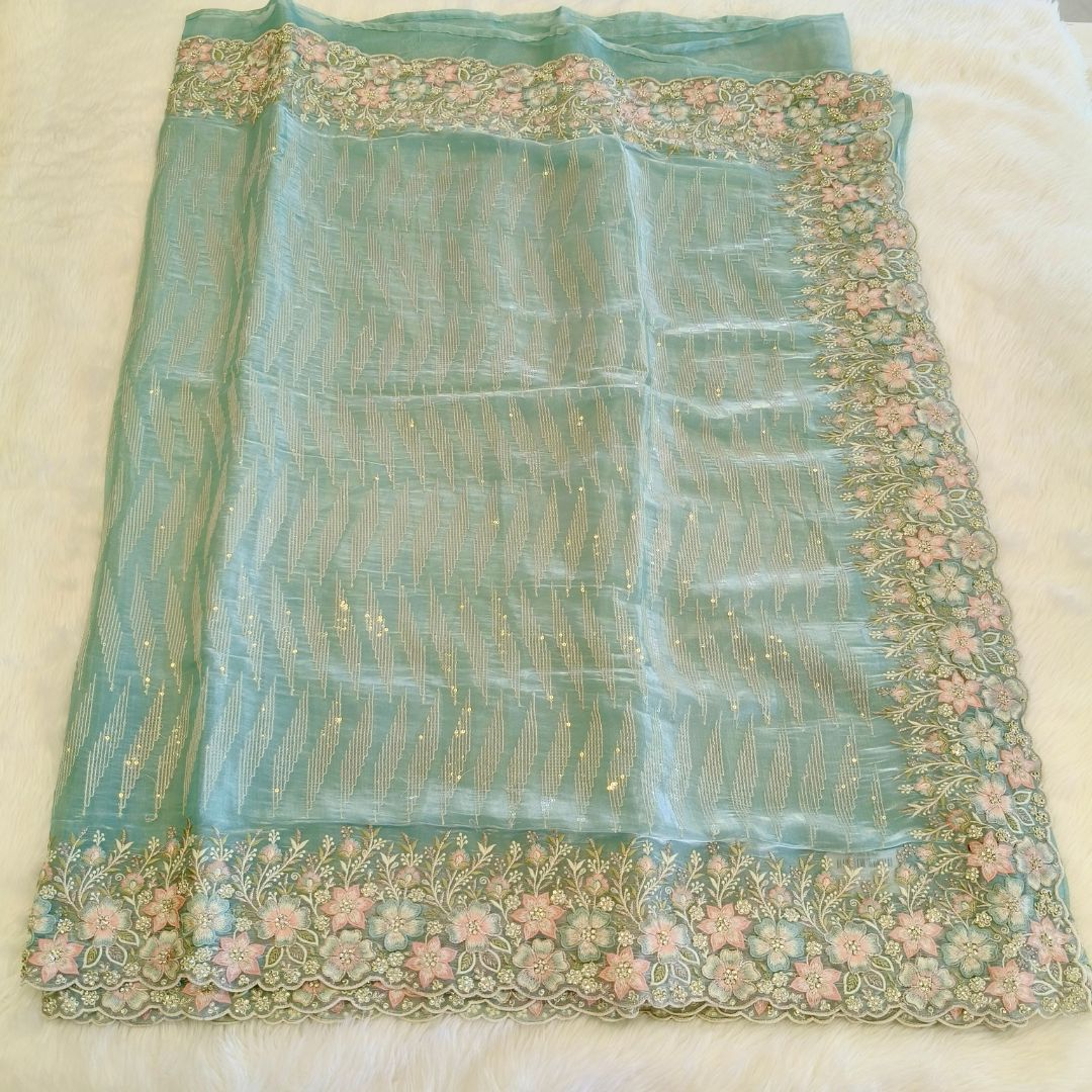 Ice blue Organza floral embroidery with Elegant stone work Party wear Saree