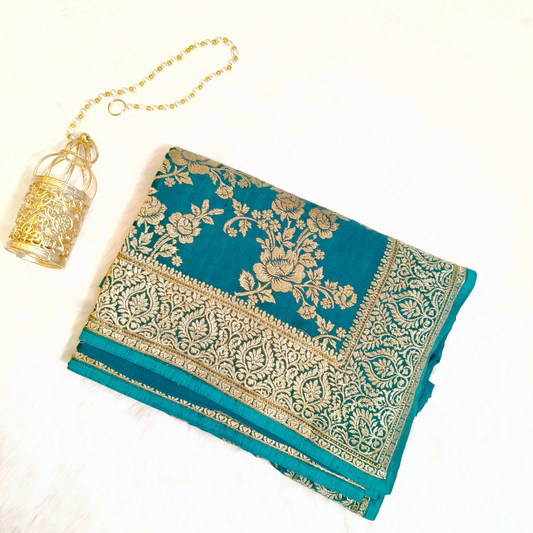 Teal green rich Embroidery Satin Partywear Saree