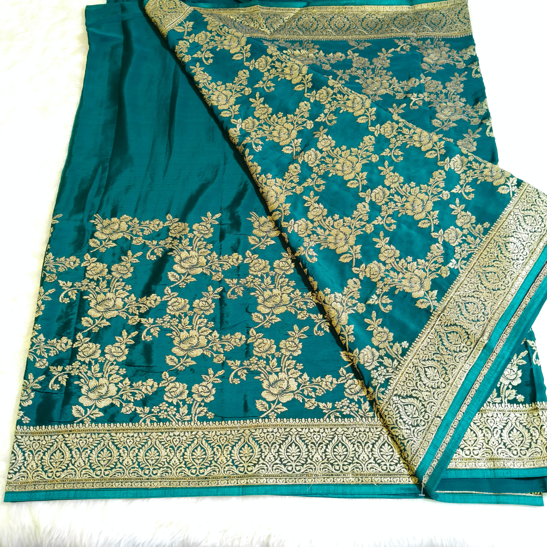 Teal green rich Embroidery Satin Partywear Saree