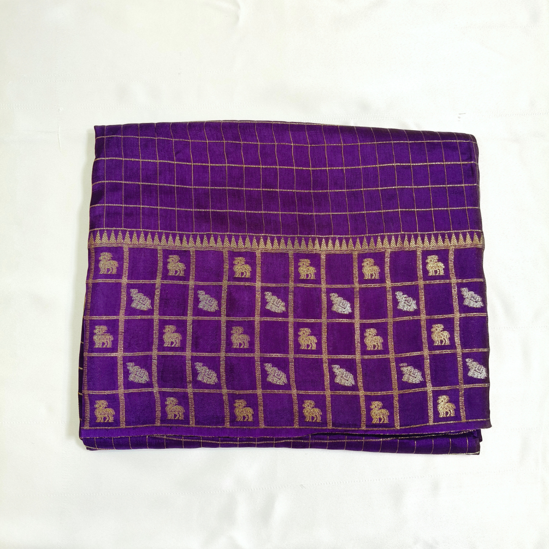 Violet Vintage Checks Viscose Silk Saree