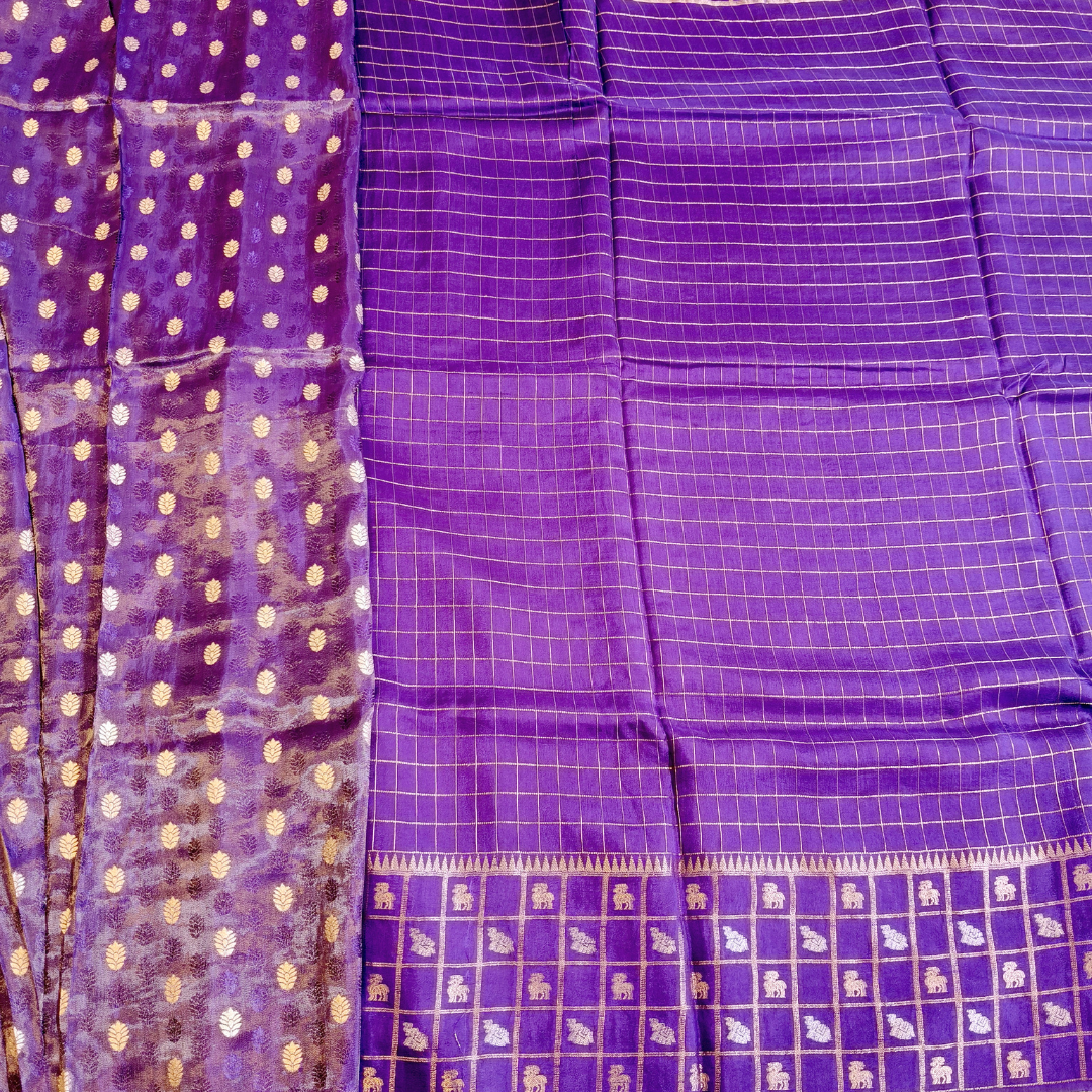 Violet Vintage Checks Viscose Silk Saree