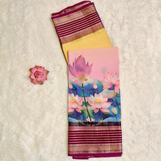 Yellow with purple Lotus theme Semi Mysore Silk Saree