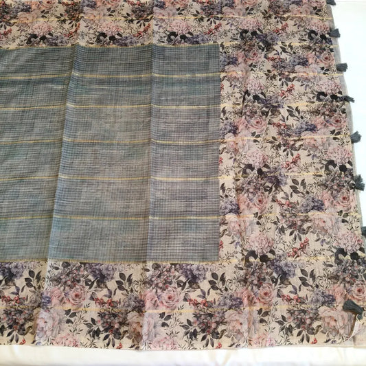 Grey Chanderi Cotton Saree with Floral Border Vivahasilks