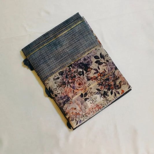 Grey Chanderi Cotton Saree with Floral Border Vivahasilks