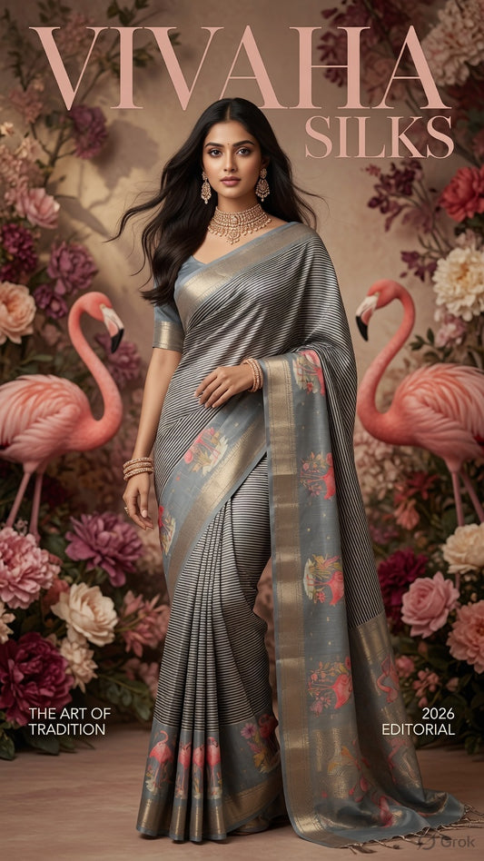 Grey tussar Saree with black and white stripes Pattern