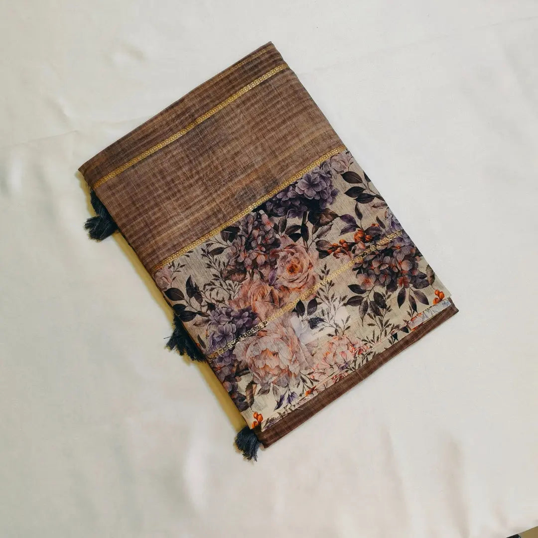 Light brown Chanderi Cotton Saree with Floral Border Vivahasilks