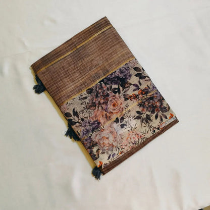 Light brown Chanderi Cotton Saree with Floral Border Vivahasilks
