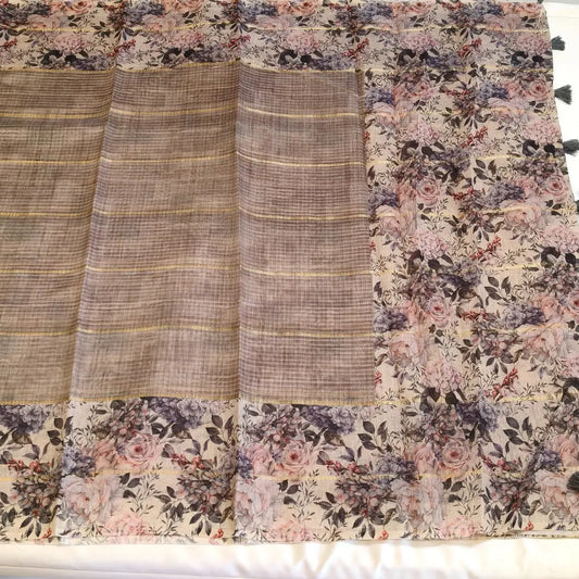 Light brown Chanderi Cotton Saree with Floral Border Vivahasilks