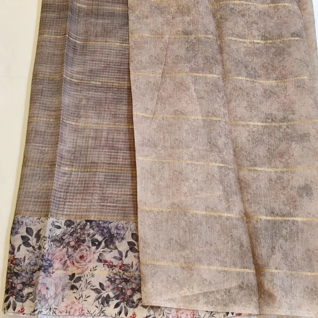 Light brown Chanderi Cotton Saree with Floral Border Vivahasilks