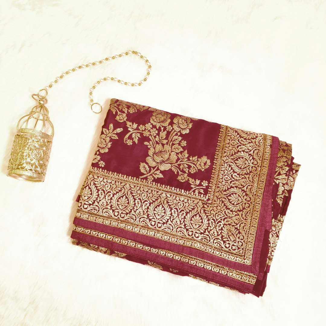 Maroon rich Embroidery Satin Partywear Saree