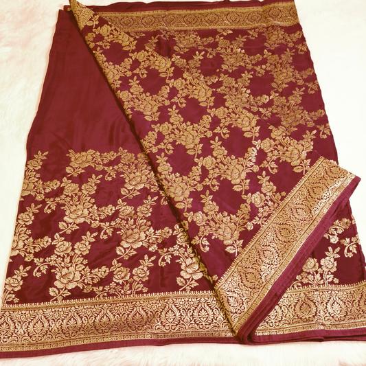 Maroon rich Embroidery Satin Partywear Saree