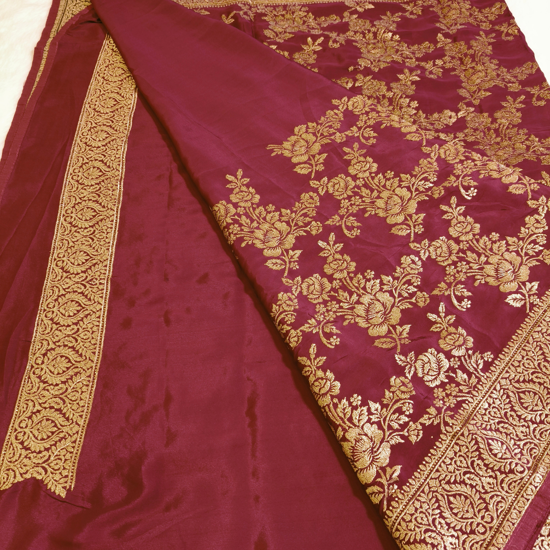 Maroon rich Embroidery Satin Partywear Saree